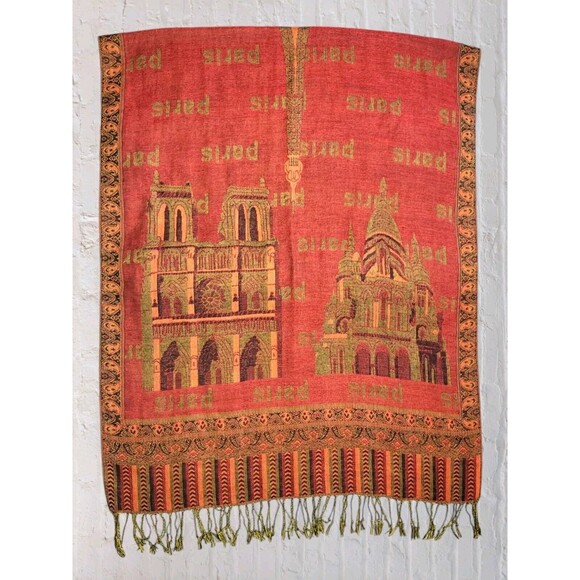 Vtg 90s Pashmina Shaw Wrap Paris Eiffel Tower City Tour Fringe Scarf Red Gray - Picture 3 of 8